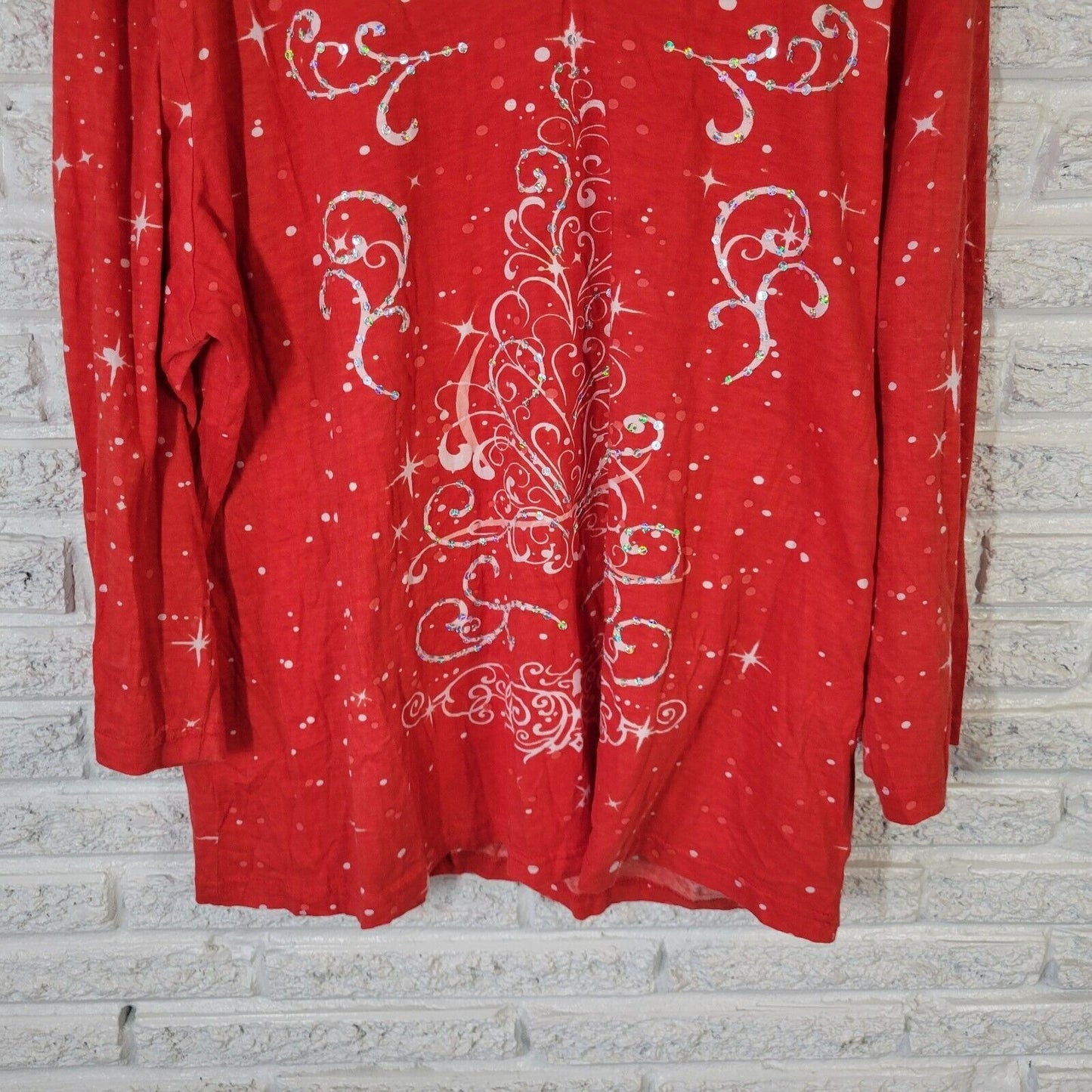 Christmas Collections Etc Womens Top XXL 3/4 Sleeve Red Tree Sequin Lightweight