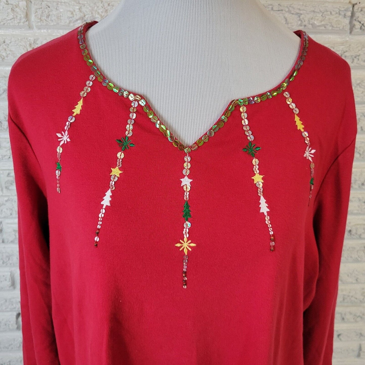 Christmas Onque Women Top 1X Tee Long Sleeve Red Cotton Embroidered Beads Sequin