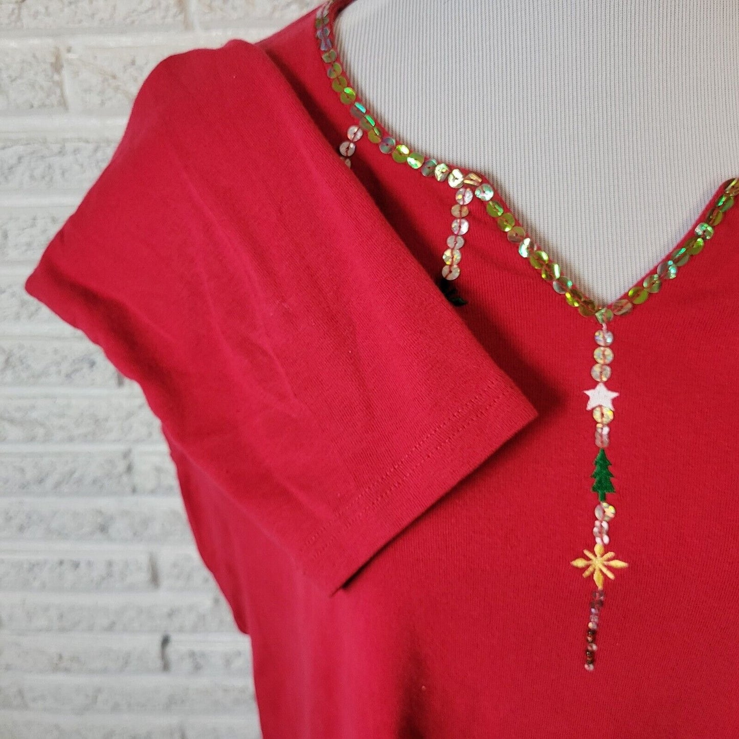 Christmas Onque Women Top 1X Tee Long Sleeve Red Cotton Embroidered Beads Sequin