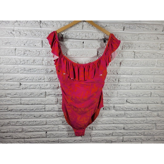 Mynah Womens Swimsuit XXL One Piece Open Back Pink Tropical Wide Strap Ruffle