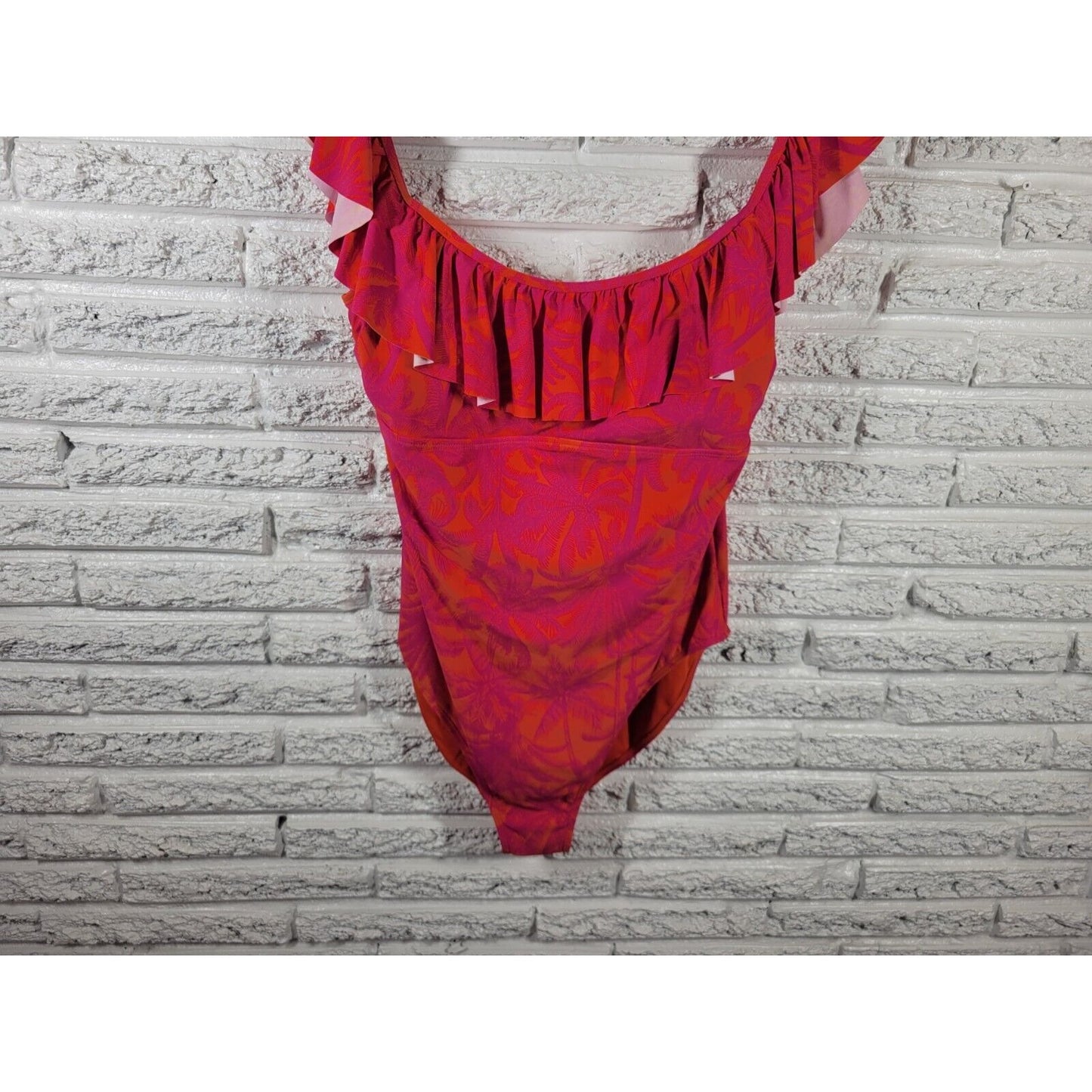 Mynah Womens Swimsuit XXL One Piece Open Back Pink Tropical Wide Strap Ruffle