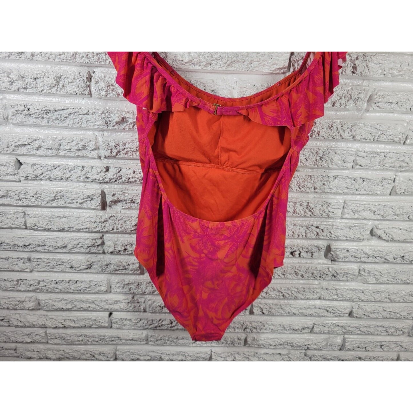 Mynah Womens Swimsuit XXL One Piece Open Back Pink Tropical Wide Strap Ruffle