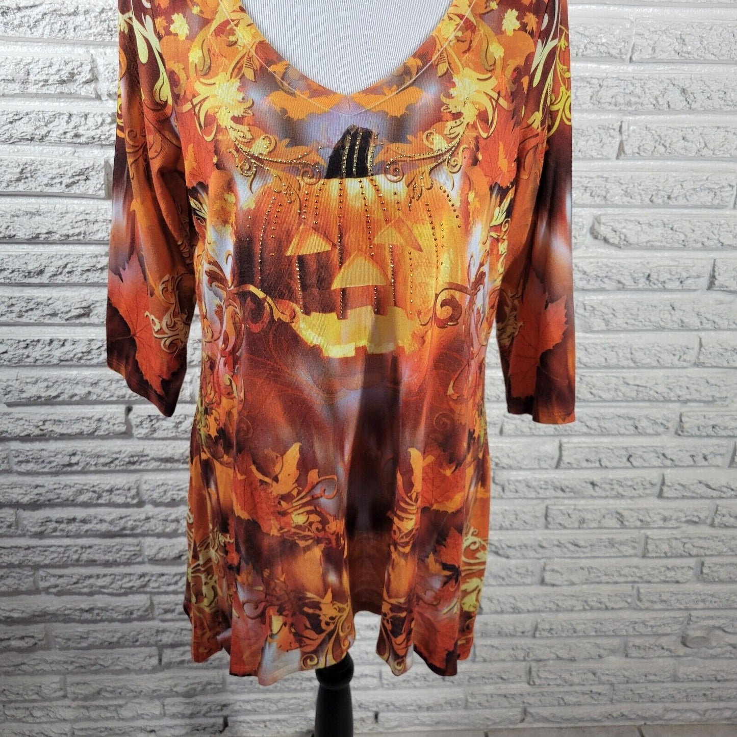 Halloween Live Let Live Women Top 1X Plus Tunic 3/4 Sleeve Orange Jack o Lantern