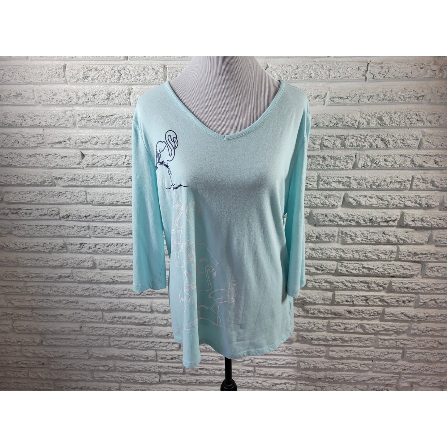 Coral Bay Womens Top 1X Plus Tee 3/4 Sleeve Flamingo Blue Cotton Blend Stretch