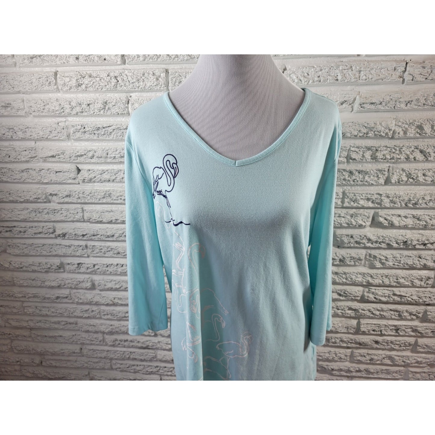 Coral Bay Womens Top 1X Plus Tee 3/4 Sleeve Flamingo Blue Cotton Blend Stretch