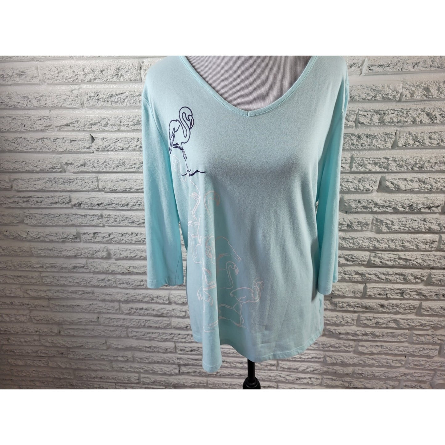 Coral Bay Womens Top 1X Plus Tee 3/4 Sleeve Flamingo Blue Cotton Blend Stretch