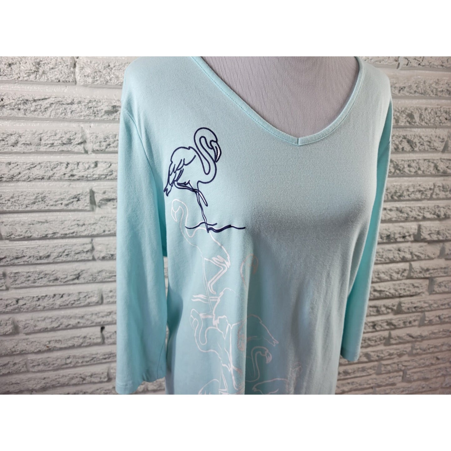 Coral Bay Womens Top 1X Plus Tee 3/4 Sleeve Flamingo Blue Cotton Blend Stretch