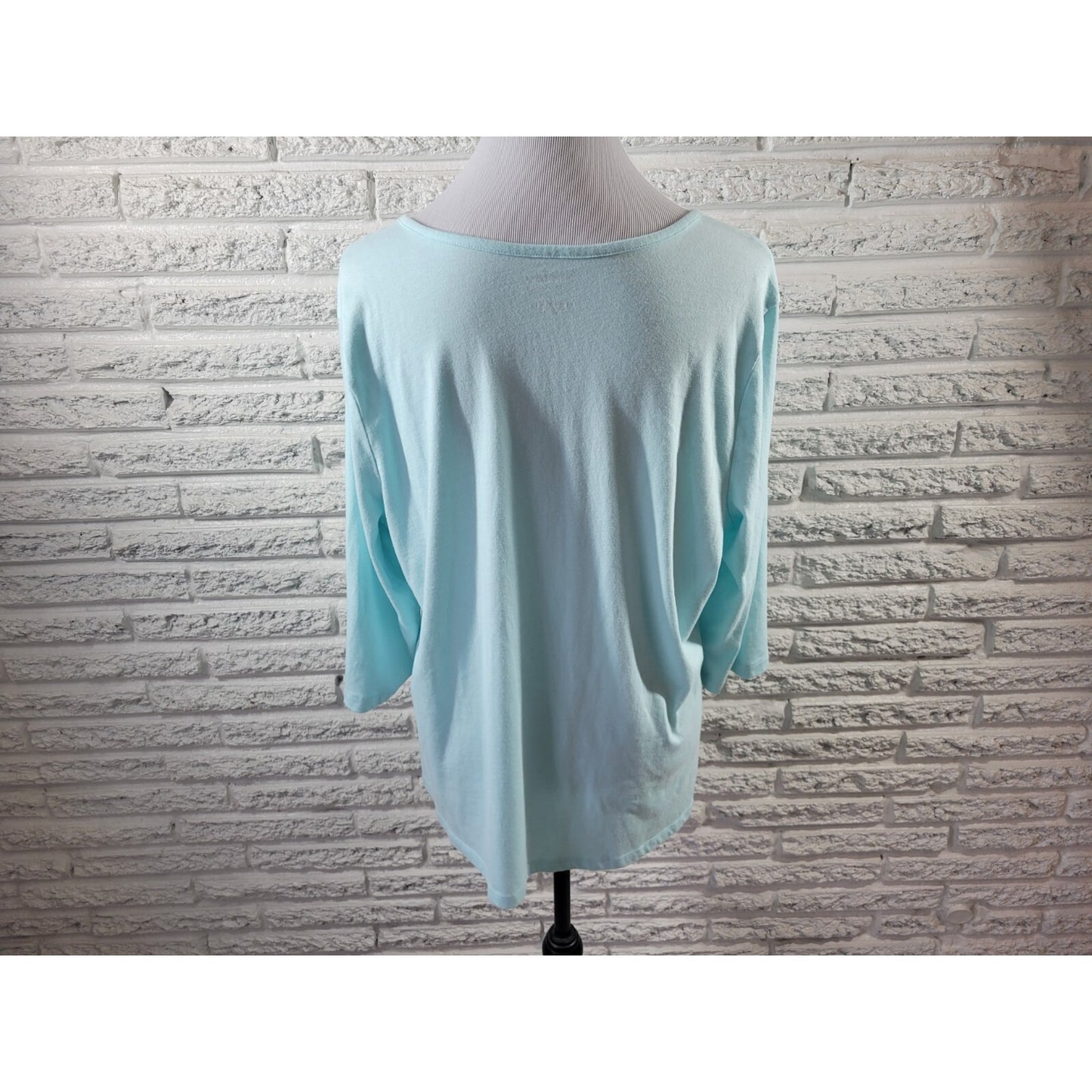 Coral Bay Womens Top 1X Plus Tee 3/4 Sleeve Flamingo Blue Cotton Blend Stretch