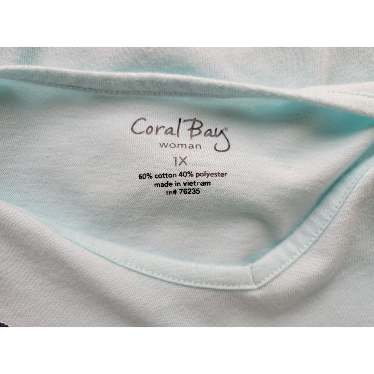Coral Bay Womens Top 1X Plus Tee 3/4 Sleeve Flamingo Blue Cotton Blend Stretch