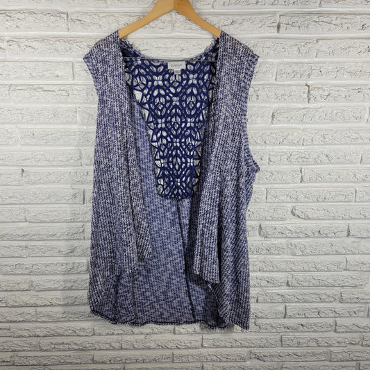 Avenue Womens Sweater 26 28 Plus Cardigan Open Sleeveless Blue Crochet Back