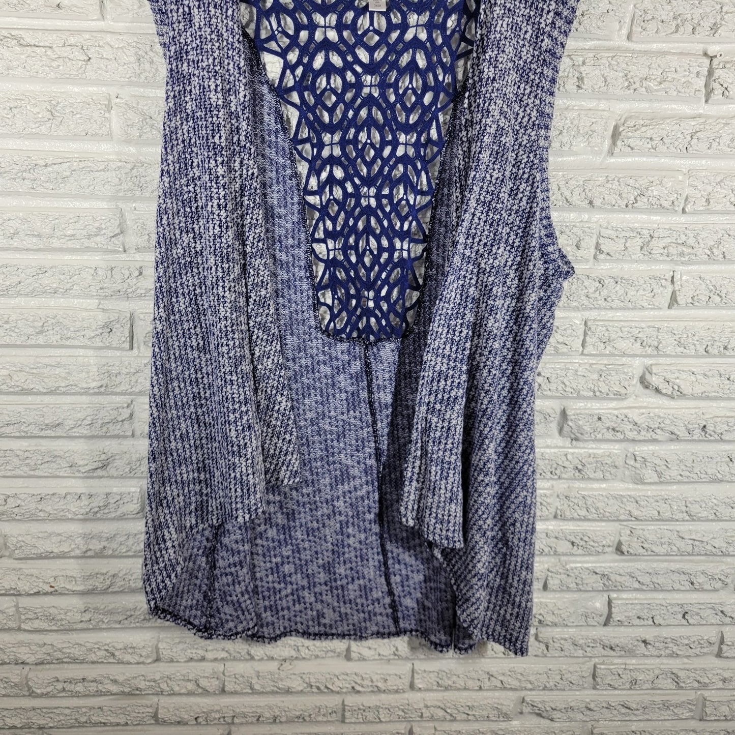 Avenue Womens Sweater 26 28 Plus Cardigan Open Sleeveless Blue Crochet Back
