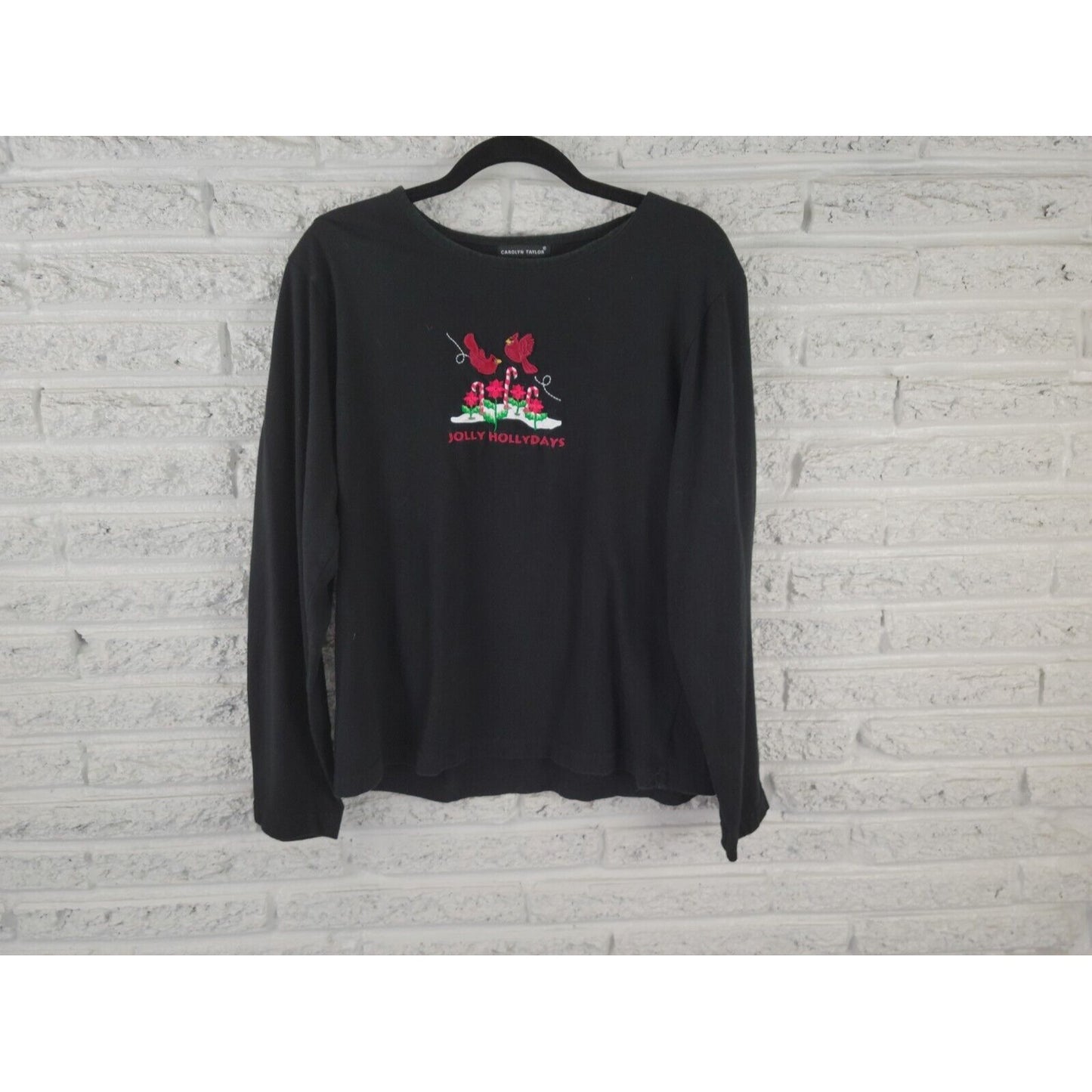 Christmas Carolyn Taylor Womens Top Extra Large Embroider Black Jolly Hollydays