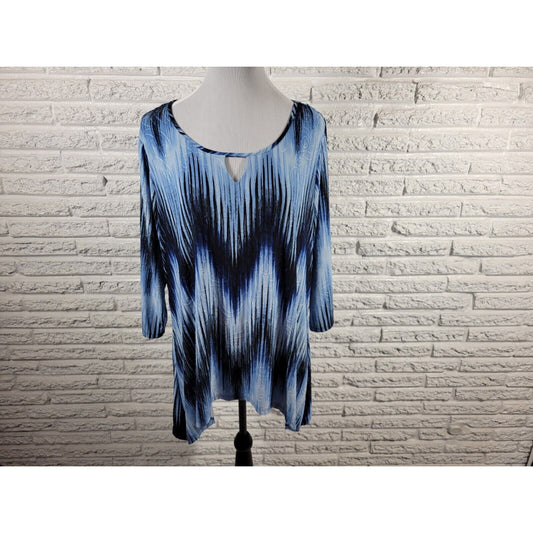 Coral Bay Womens Top 2X Plus 3/4 Sleeve Blue Geometric Embroider Keyhole Office