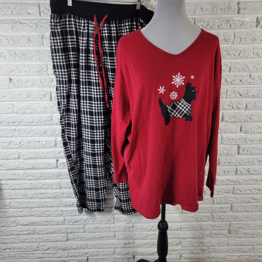 Dreams Co Womens Pajama Set 2X Plus Pull On Terrier Dog Black White Plaid Cotton