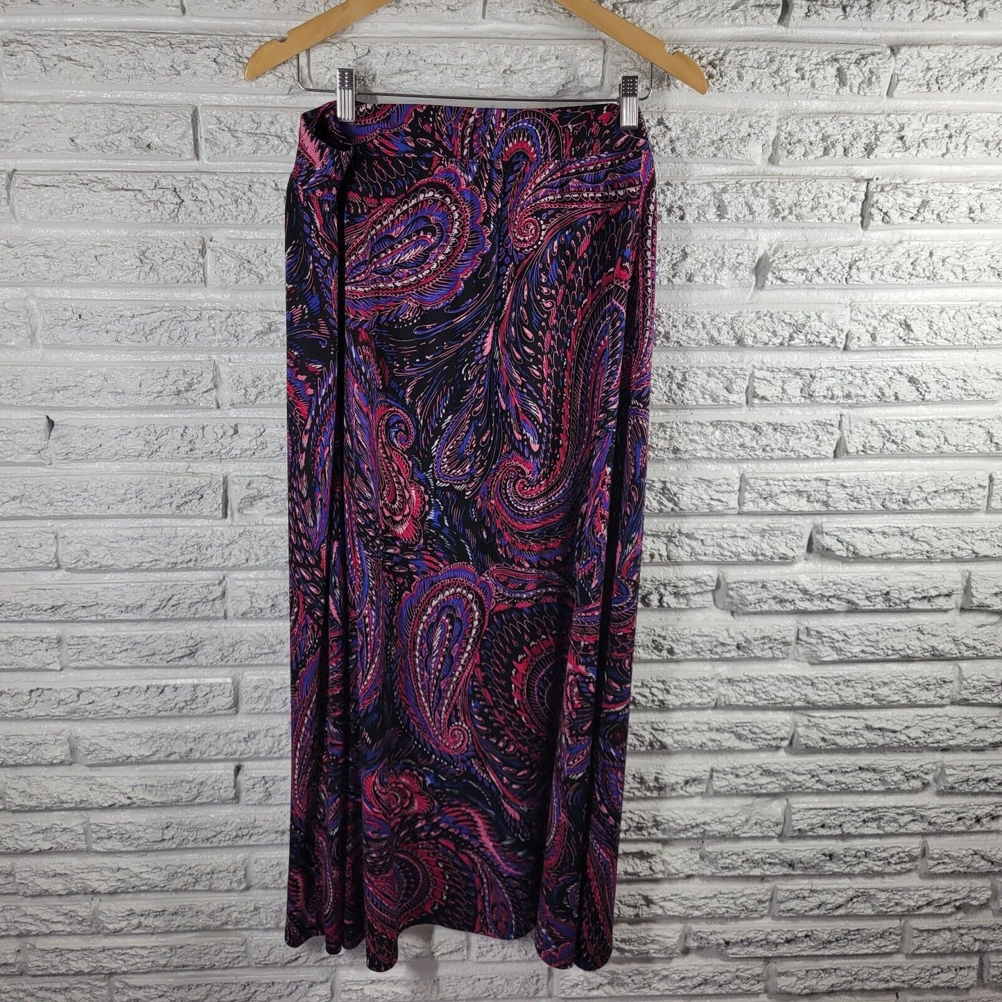 Catherines Anywear Womens Skirt 1X Pull On Midi Purple Pink Paisley Poly Blend
