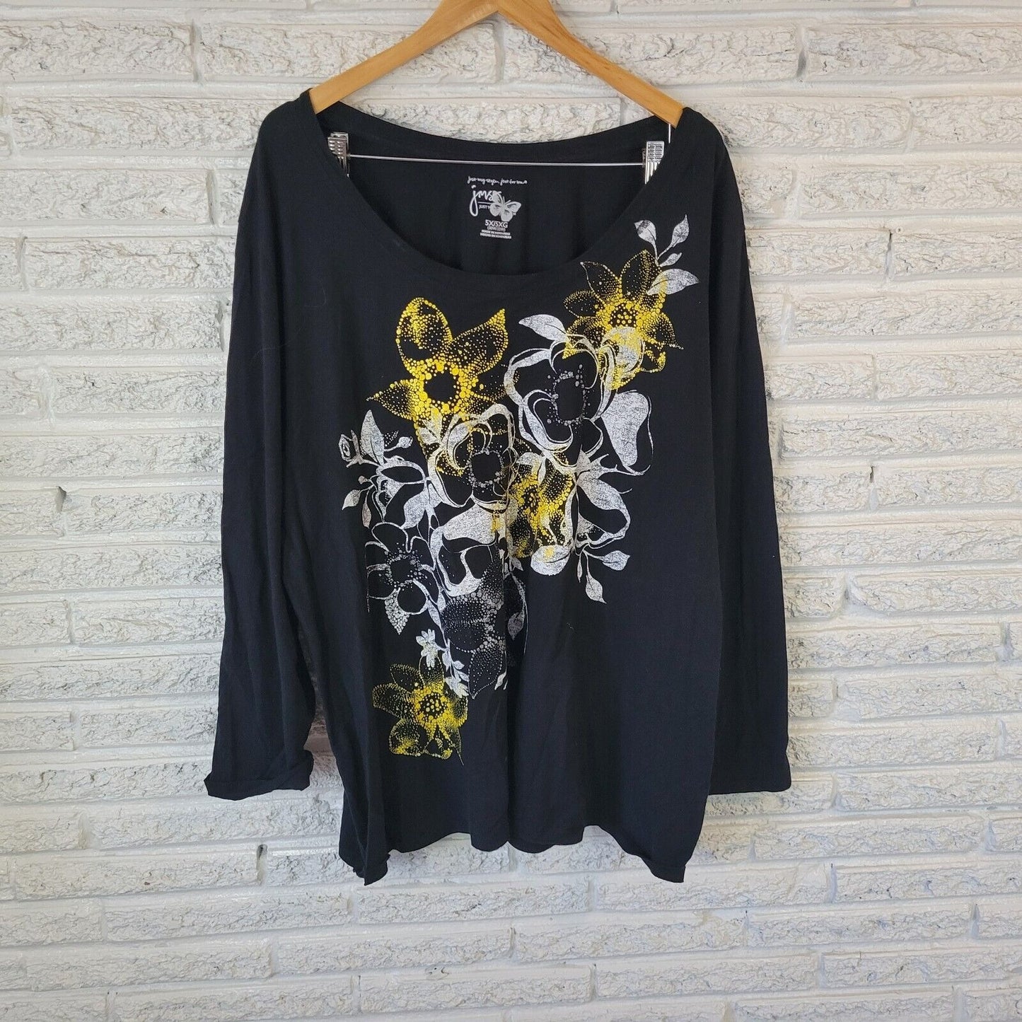 Just My Size Womens Top 5X Plus Tee Long Sleeve Black Gold Glitter Floral Cotton