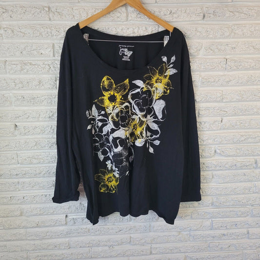 Just My Size Womens Top 5X Plus Tee Long Sleeve Black Gold Glitter Floral Cotton