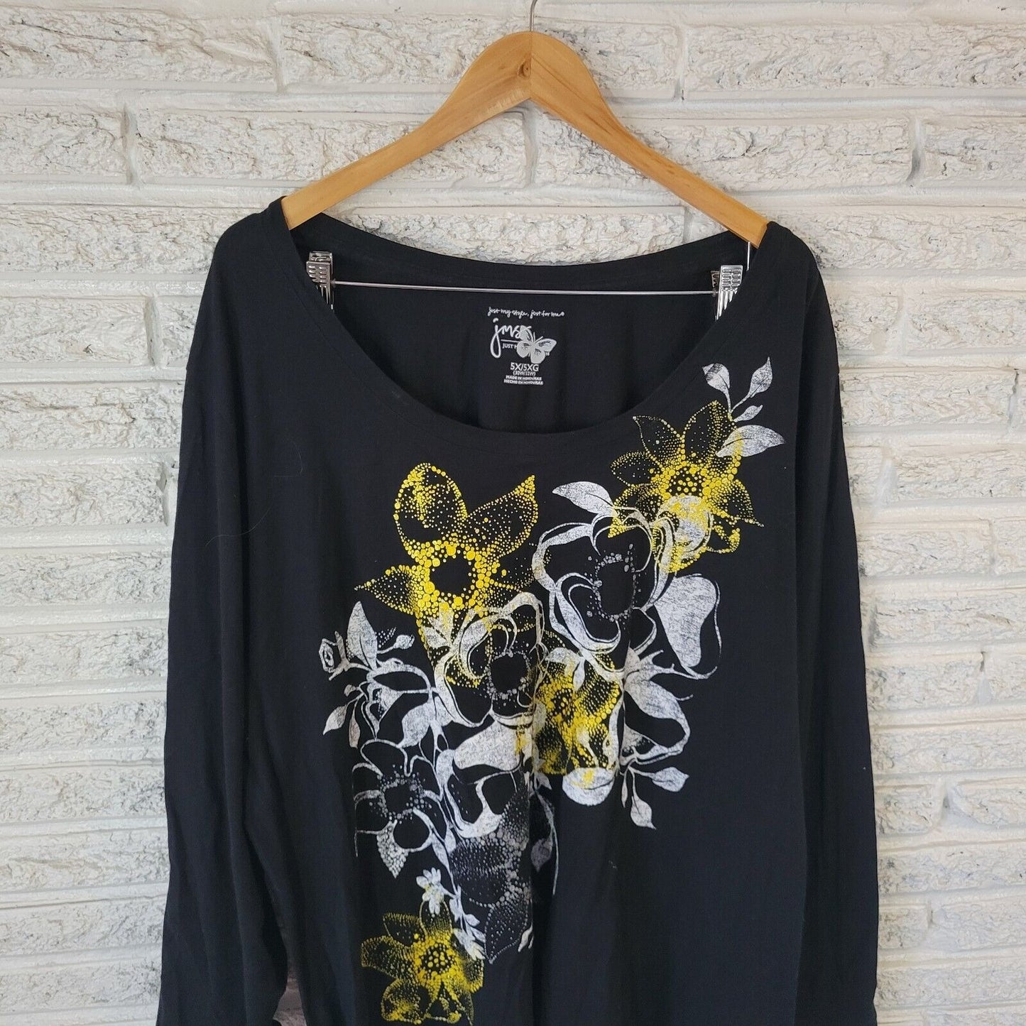 Just My Size Womens Top 5X Plus Tee Long Sleeve Black Gold Glitter Floral Cotton