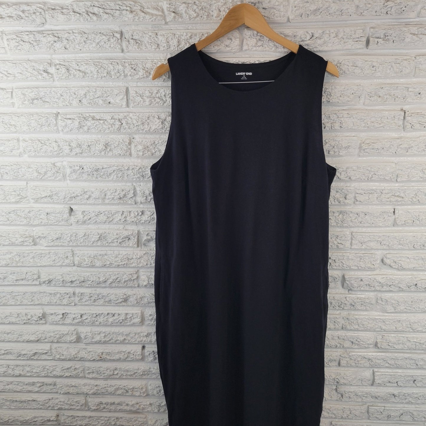 Lands End Womens Dress 1X Plus Sleeveless Shift Black Cotton Side Slits Comfy
