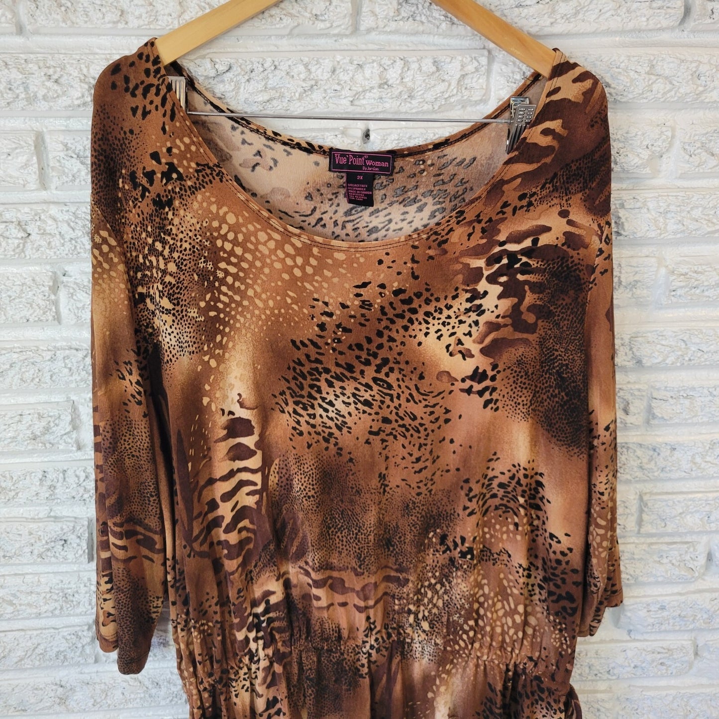 Vue Point Womens Top 2X Plus 3/4 Sleeve Brown Animal Print Travel Knit Office