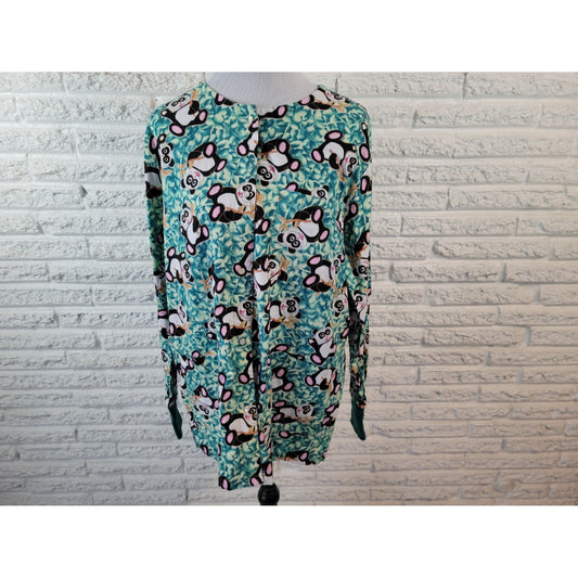 Trend Panda Bear Scrub Top Extra Large XL Long Sleeve Snap Up Poly Blend Blue
