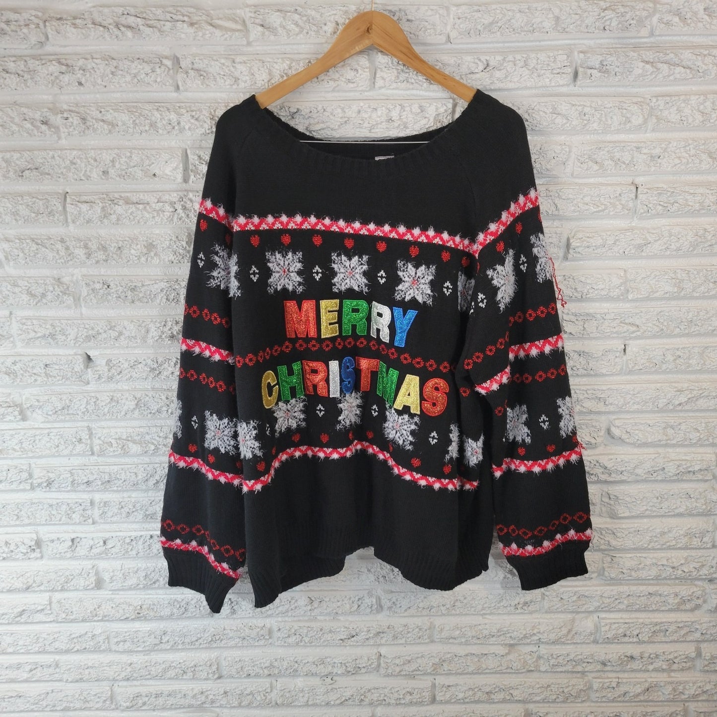Merry Christmas Womens Sweater 3X 24W 26W Plus Long Sleeve Black Embroidered