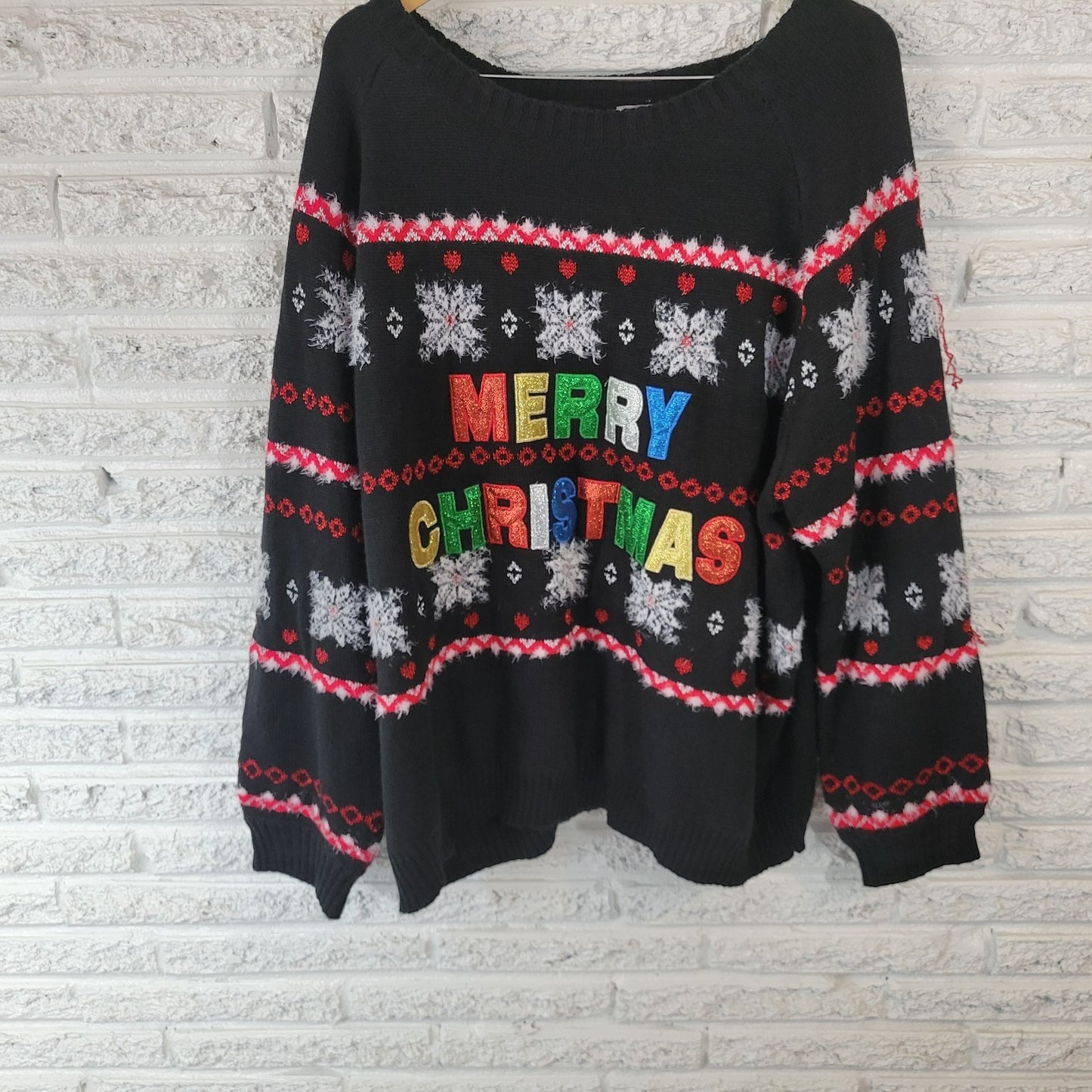 Merry Christmas Womens Sweater 3X 24W 26W Plus Long Sleeve Black Embroidered