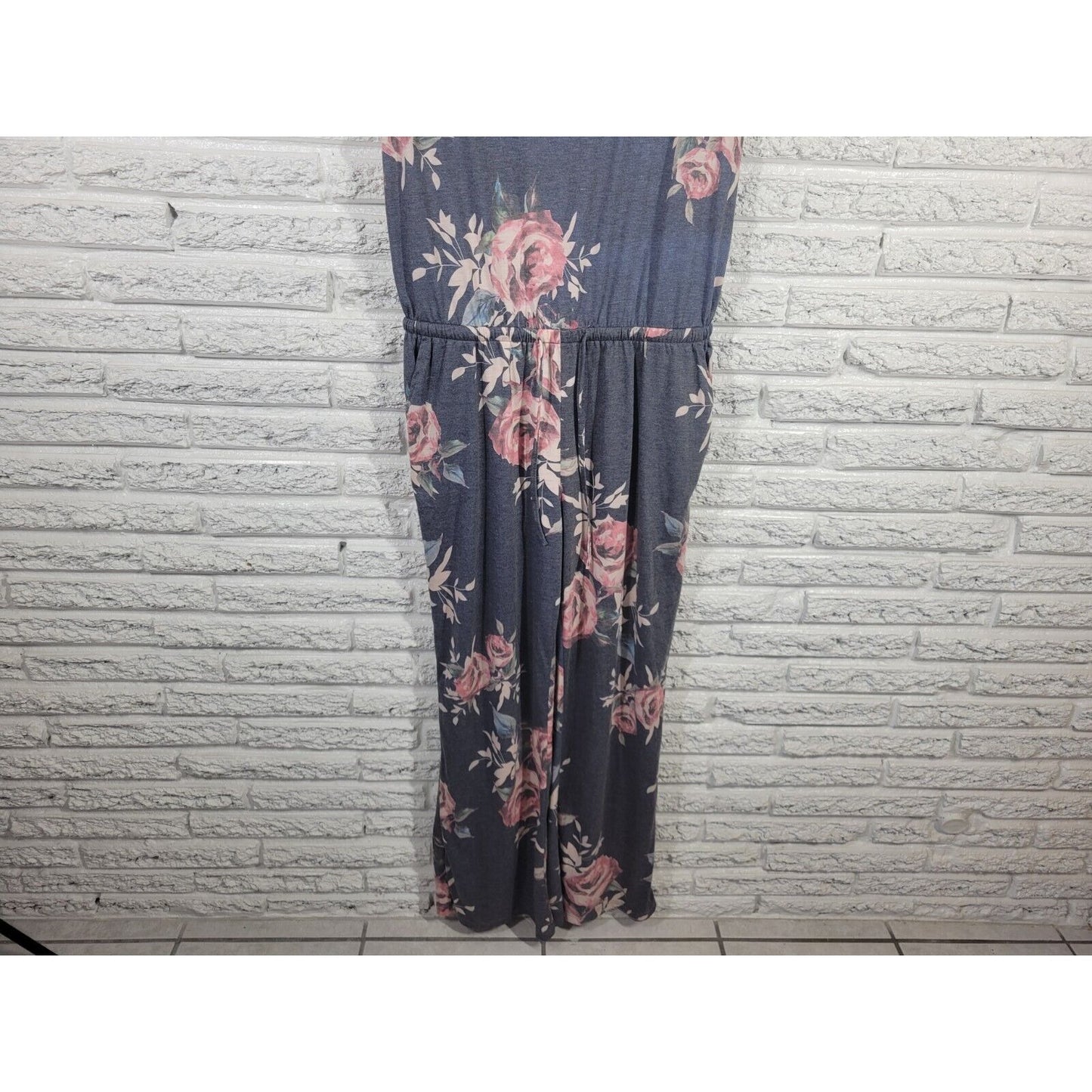 Tickled Teal Women Jumpsuit Extra Large Short Sleeve Gray Floral Back Keyhole