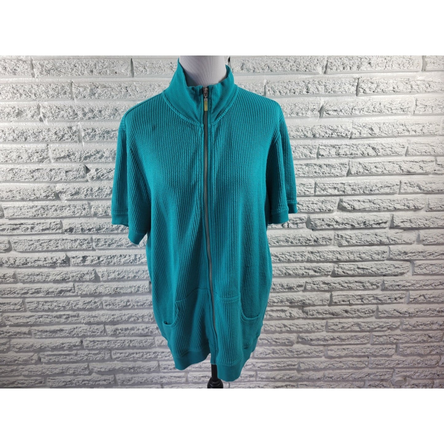 Liz & Me Womens Sweater 0X 14W 16W Plus Full Zip Blue Turtleneck Casual Pockets