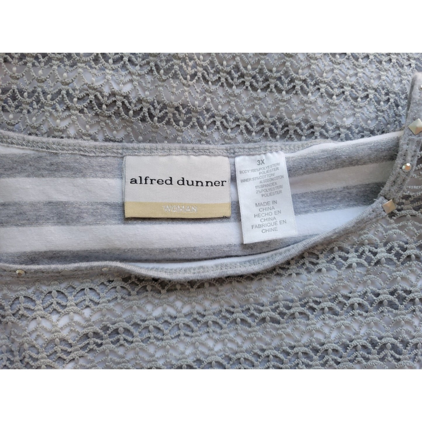 Alfred Dunner Womens Top 3X Plus Long Sleeve Gray Stripe Poly Crochet Career