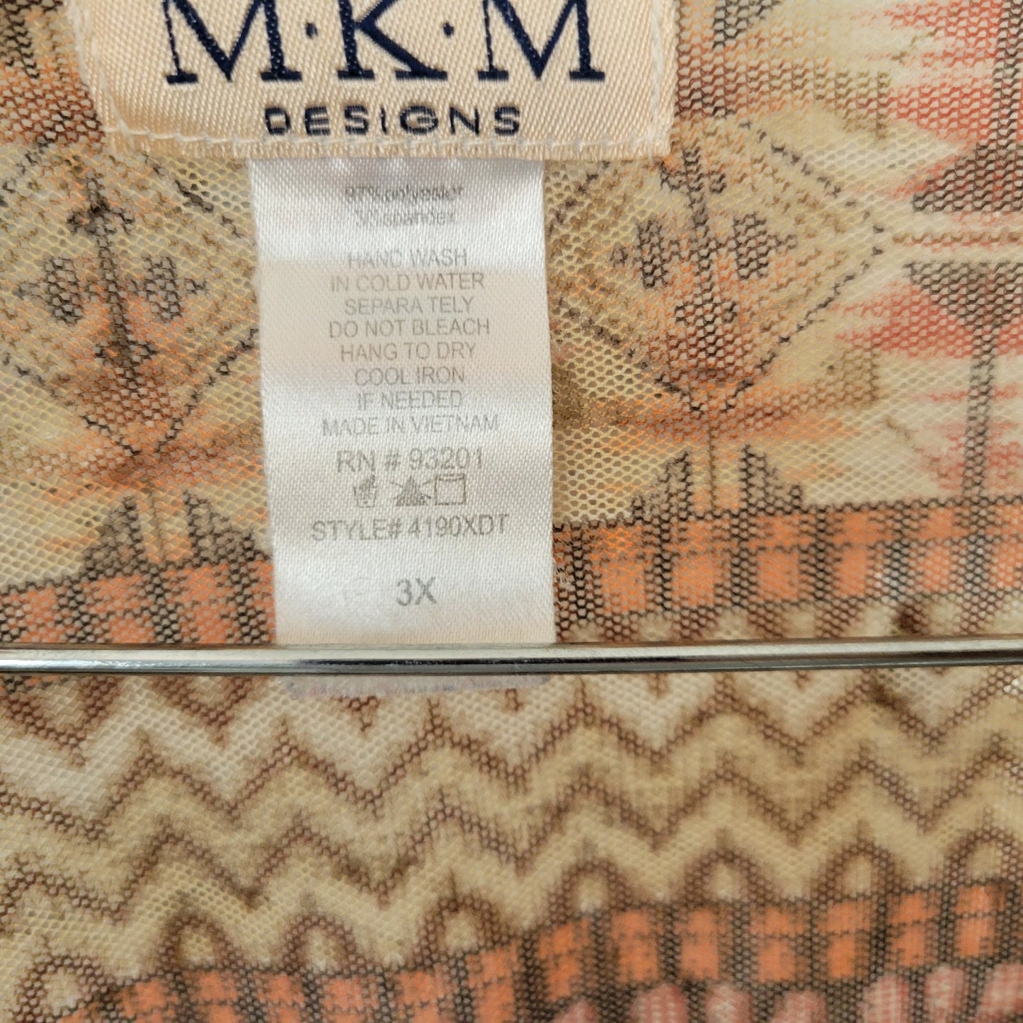 MK Designs Women 3X Plus Tunic Blouse Brown Orange Geometric V-Neck Puff Sleeve