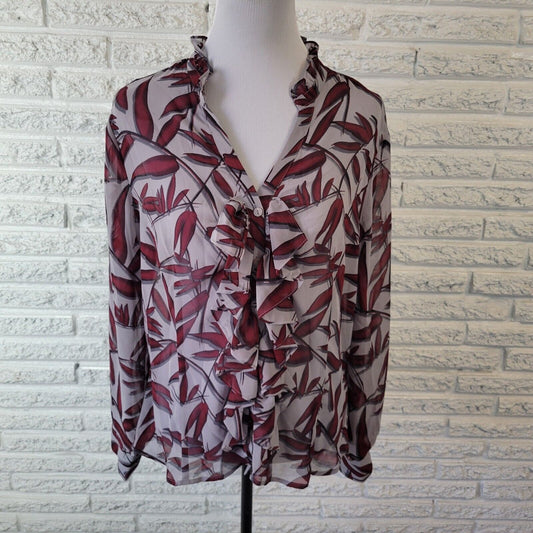 Worthington Womens Top Extra Large XL Burgundy Gray Floral Button Ruffle Sheer