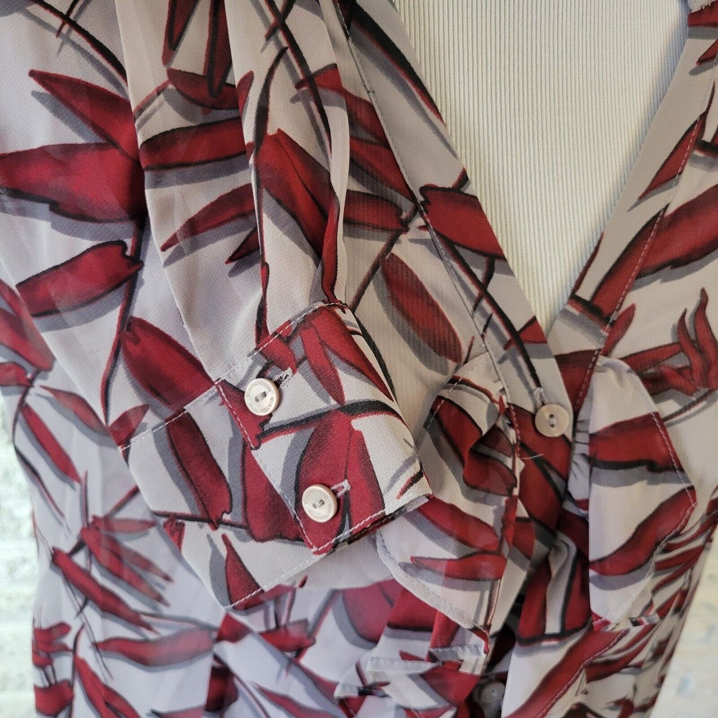 Worthington Womens Top Extra Large XL Burgundy Gray Floral Button Ruffle Sheer