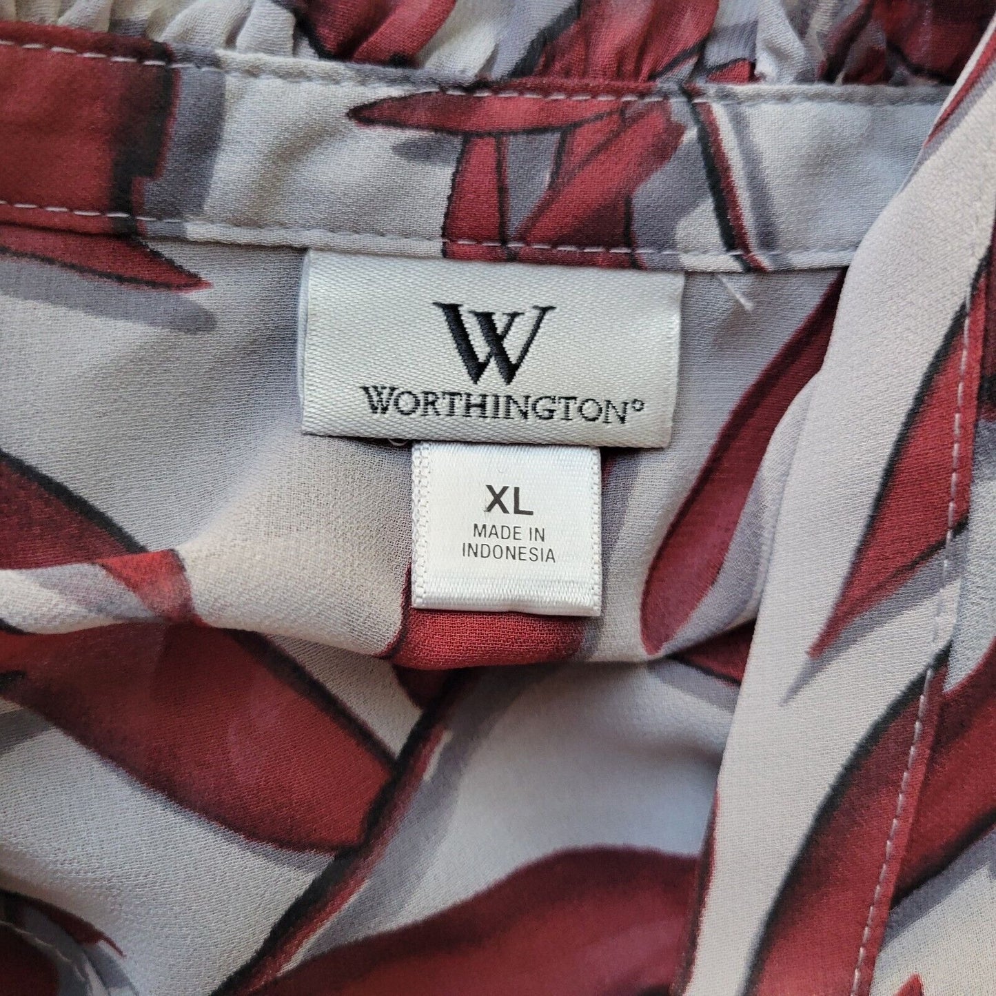 Worthington Womens Top Extra Large XL Burgundy Gray Floral Button Ruffle Sheer