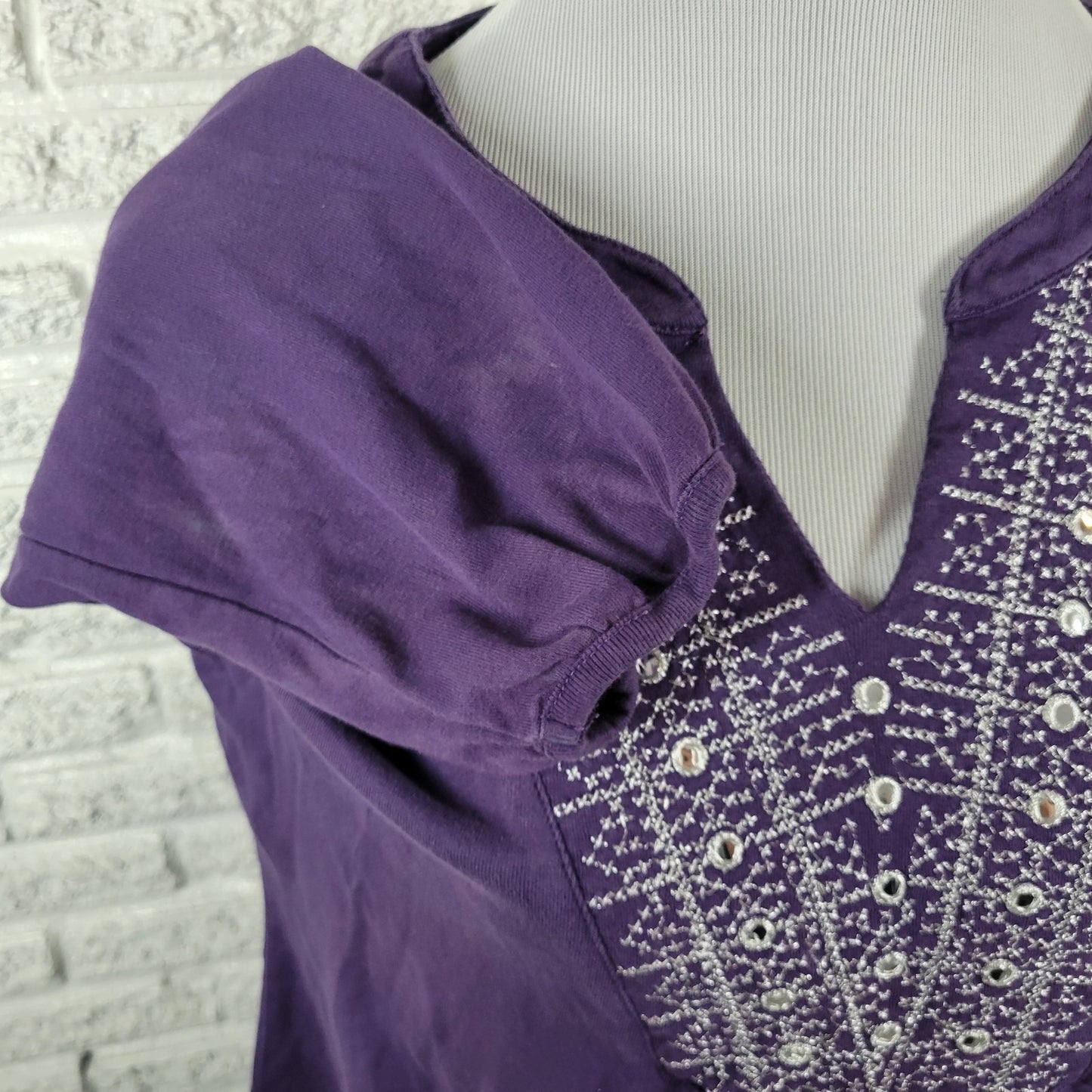 Karen Scott Womens Top Extra Large 3/4 Sleeve Purple Cotton Embroidered Casual