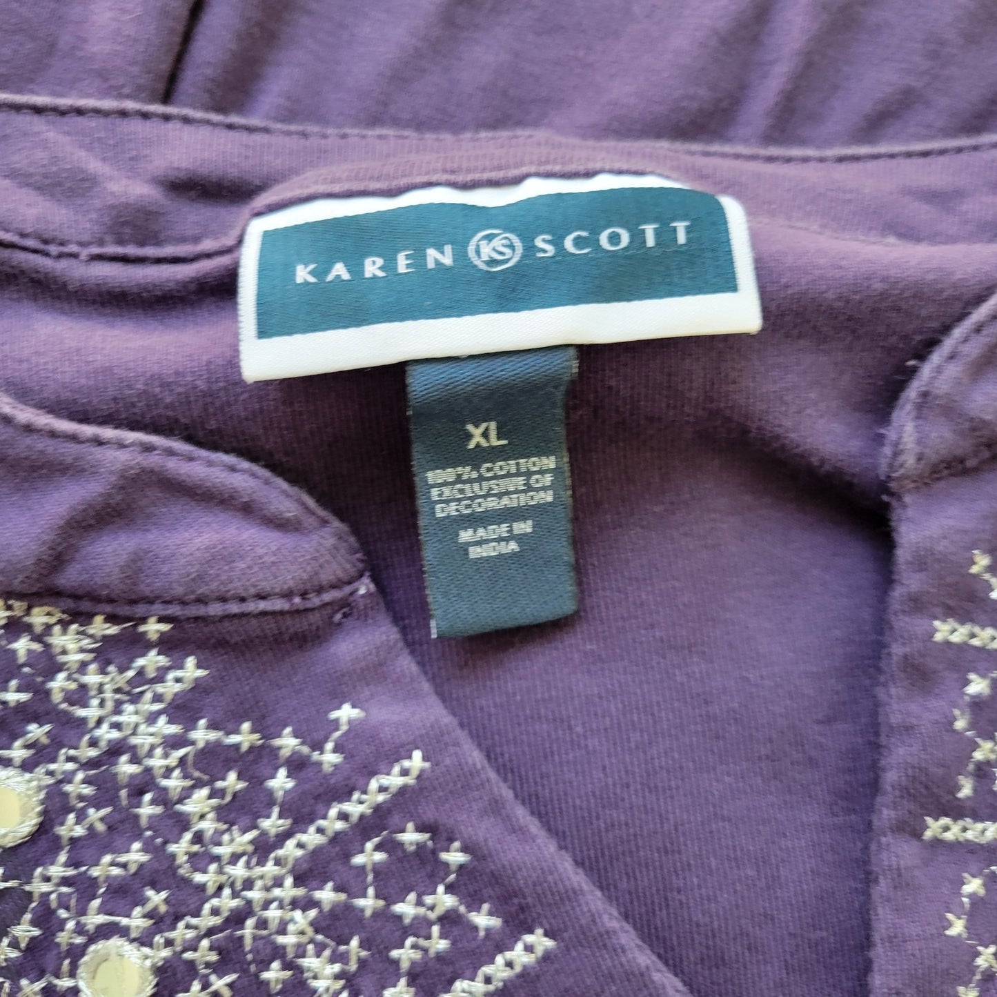 Karen Scott Womens Top Extra Large 3/4 Sleeve Purple Cotton Embroidered Casual