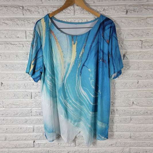 Womens Top 3XL Plus Tee Tunic Short Sleeve Blue Watercolor Poly Blend Casual