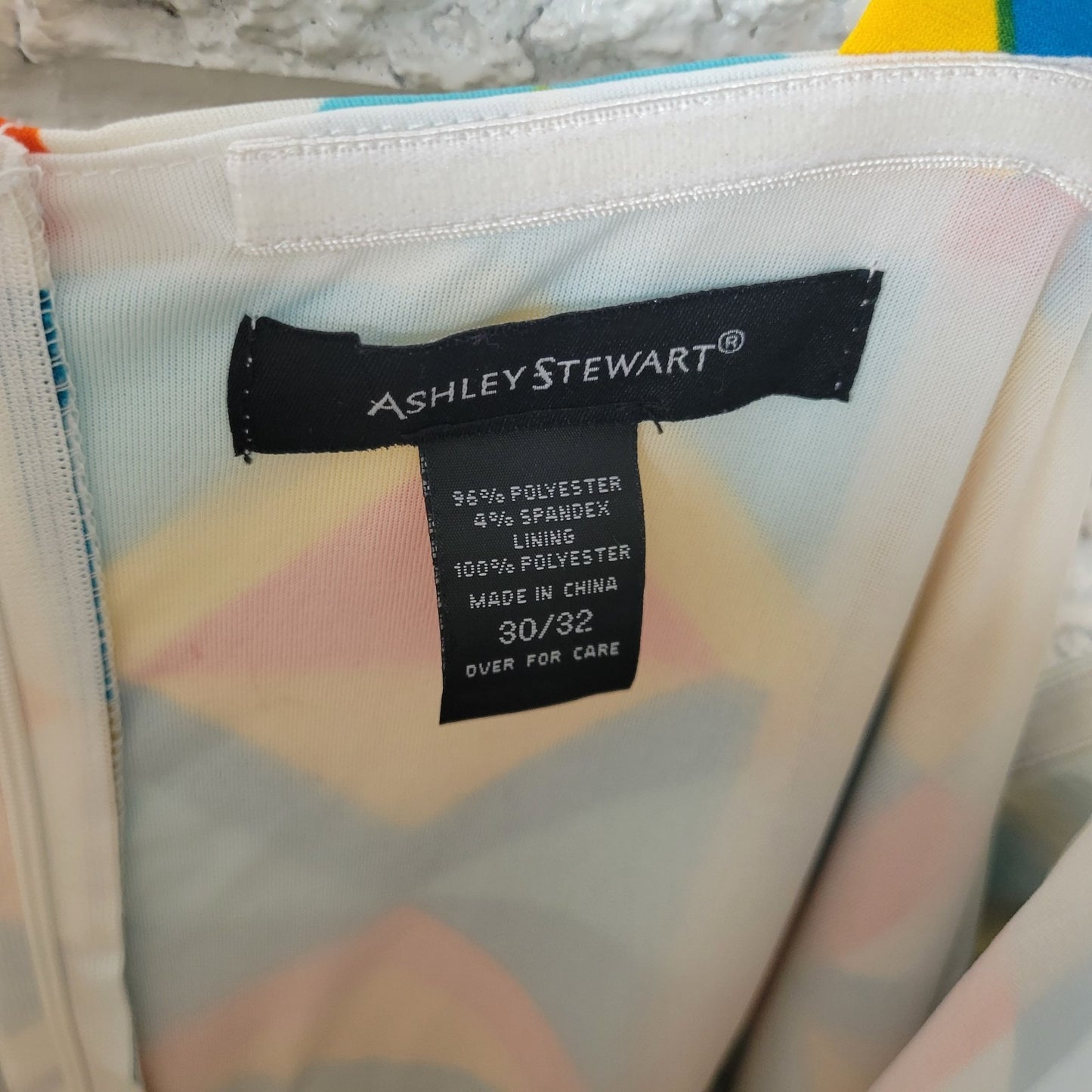 Ashley Stewart Womens Dress 30 32 Plus Sleeveless Blue Yellow Geometric Lined