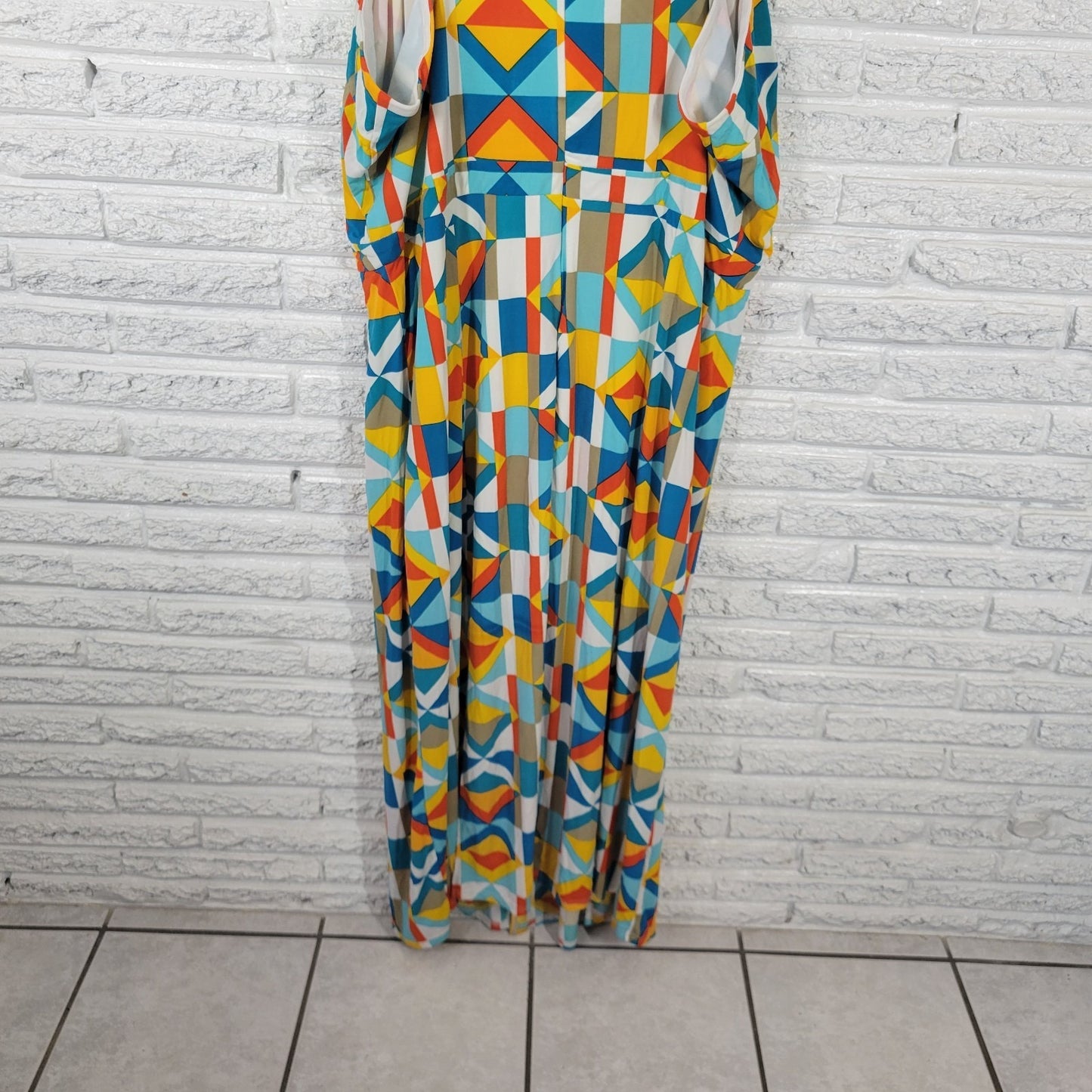 Ashley Stewart Womens Dress 30 32 Plus Sleeveless Blue Yellow Geometric Lined