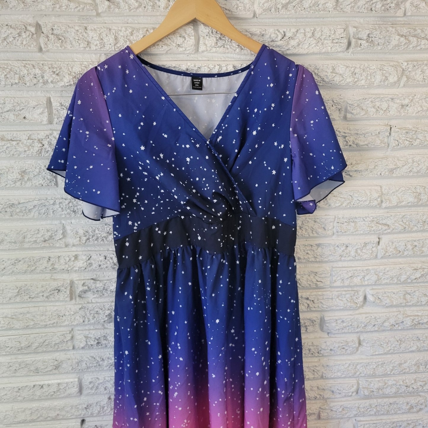 Shein Women Dress 2XL Plus Short Flutter Sleeve Fit Flare Stars Galaxy Polyester