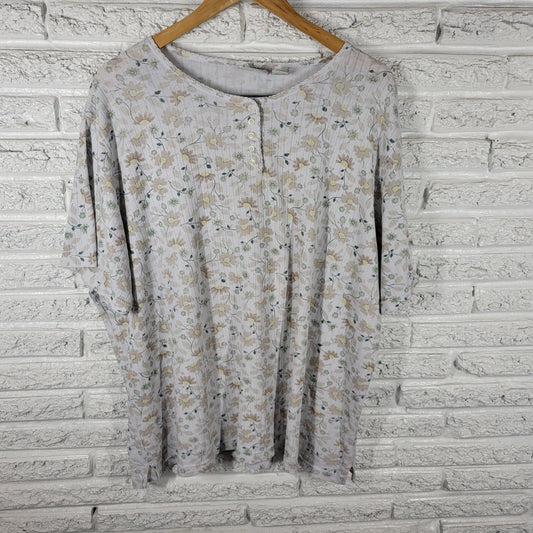 Classic Elements Womens Top 3X Plus Short Sleeve Beige Floral 1/4 Button Comfy