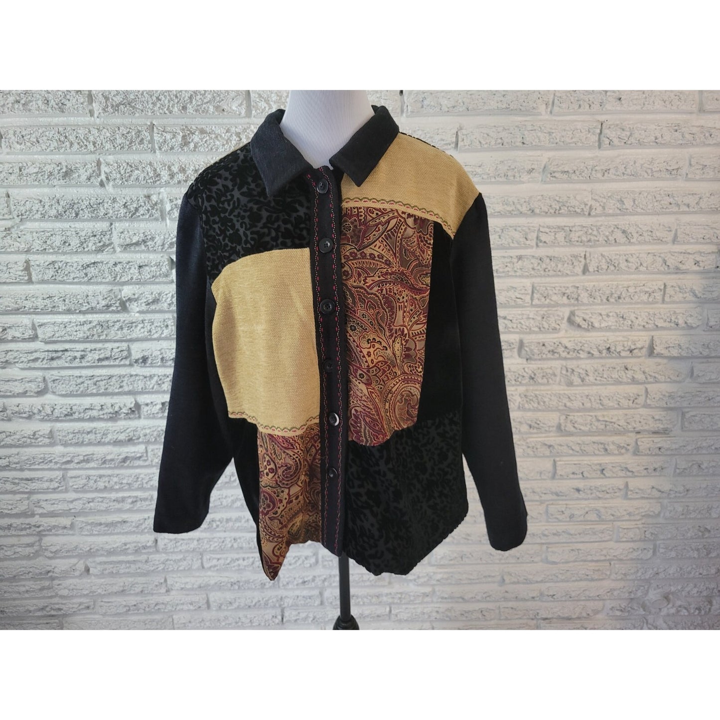 Napa Valley Womens Sweater 2X Plus Cardigan Black Velvet Burnout Panels Acrylic