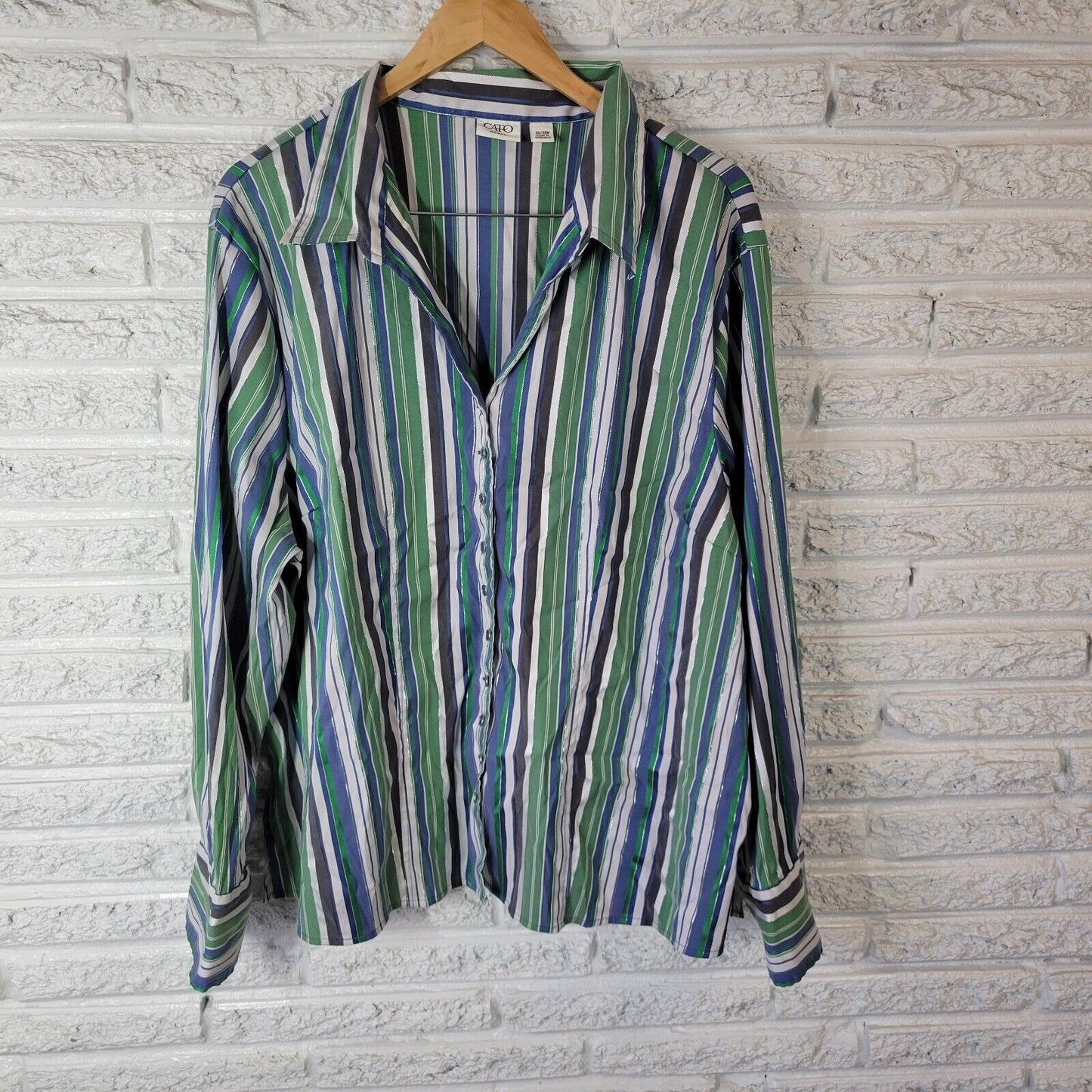 Cato Womens Top 26W 28W Plus Green Stripe Lightweight Metallic Thread Collar