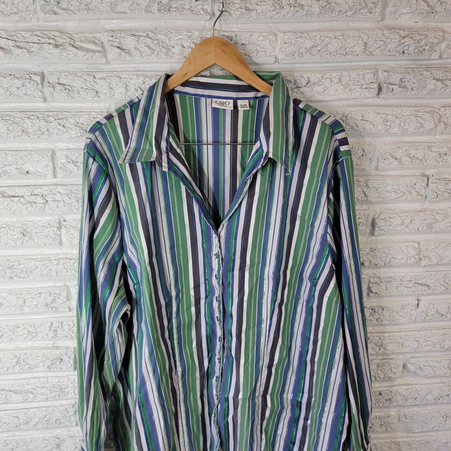 Cato Womens Top 26W 28W Plus Green Stripe Lightweight Metallic Thread Collar