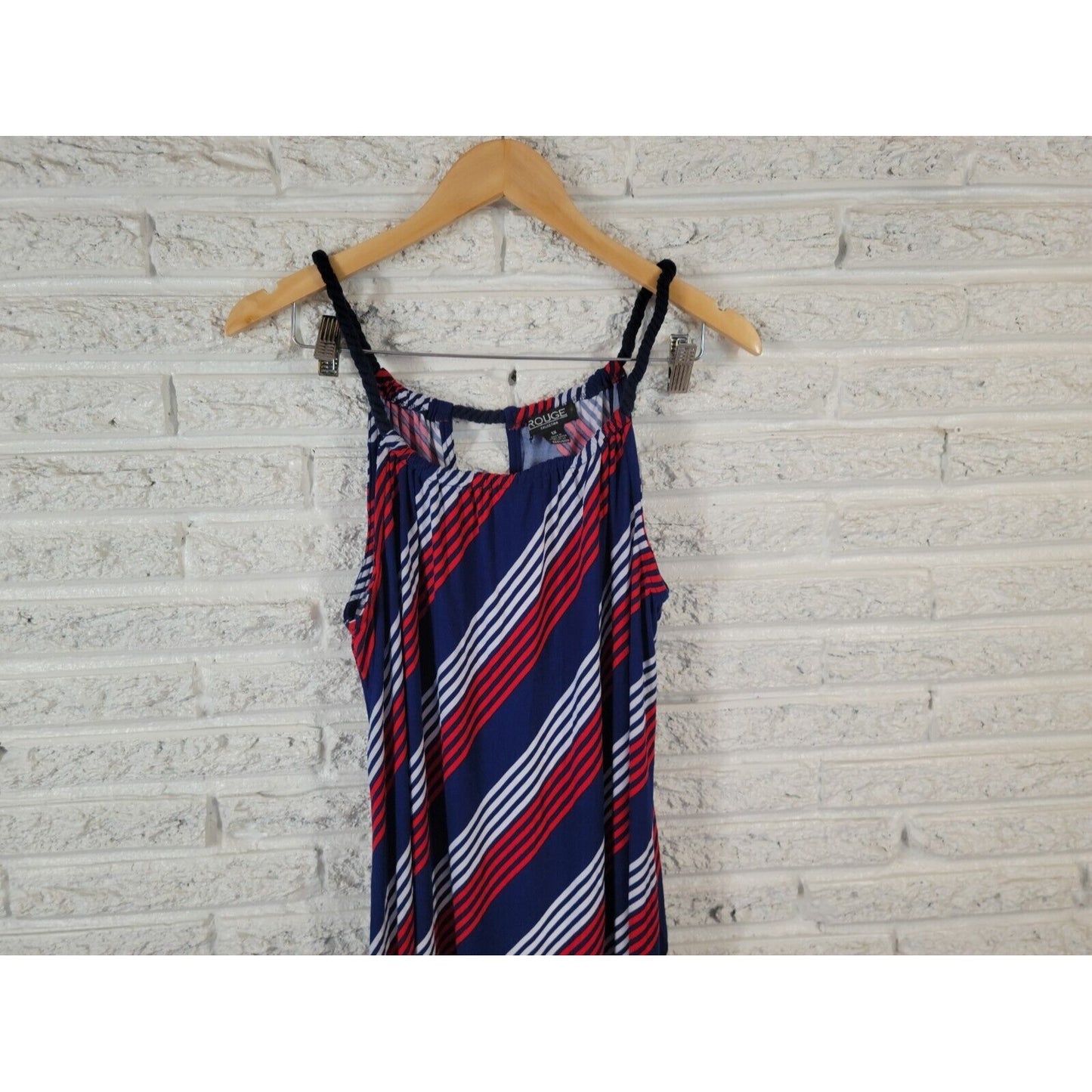 Rouge Womens Dress 1X Mini Sleeveless Tank Beach Keyhole Rope Strap Blue Stripe
