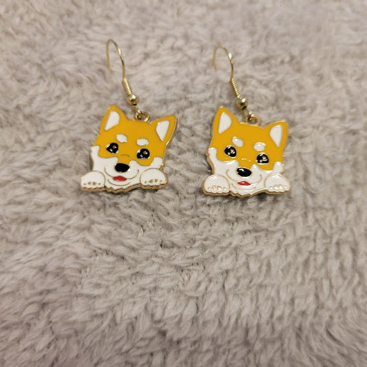 Corgi LG Dog Puppy Earrings One Pair Gold Tone Hanging Dangle Fish Hook Novelty