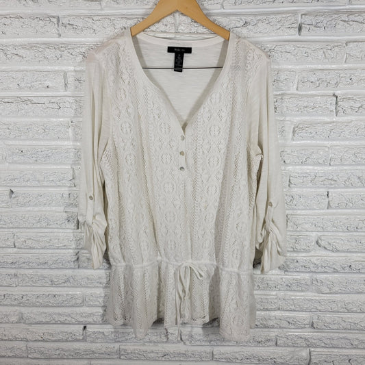 Style Co Womens Top Extra Large Tunic Roll Tab Sleeve Crochet Lace White Casual