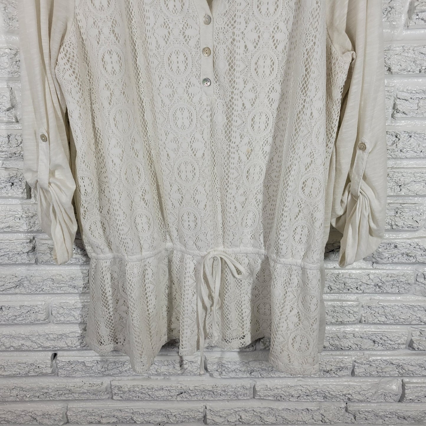 Style Co Womens Top Extra Large Tunic Roll Tab Sleeve Crochet Lace White Casual