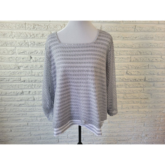 Alfred Dunner Womens Top 3X Plus Long Sleeve Gray Stripe Poly Crochet Office