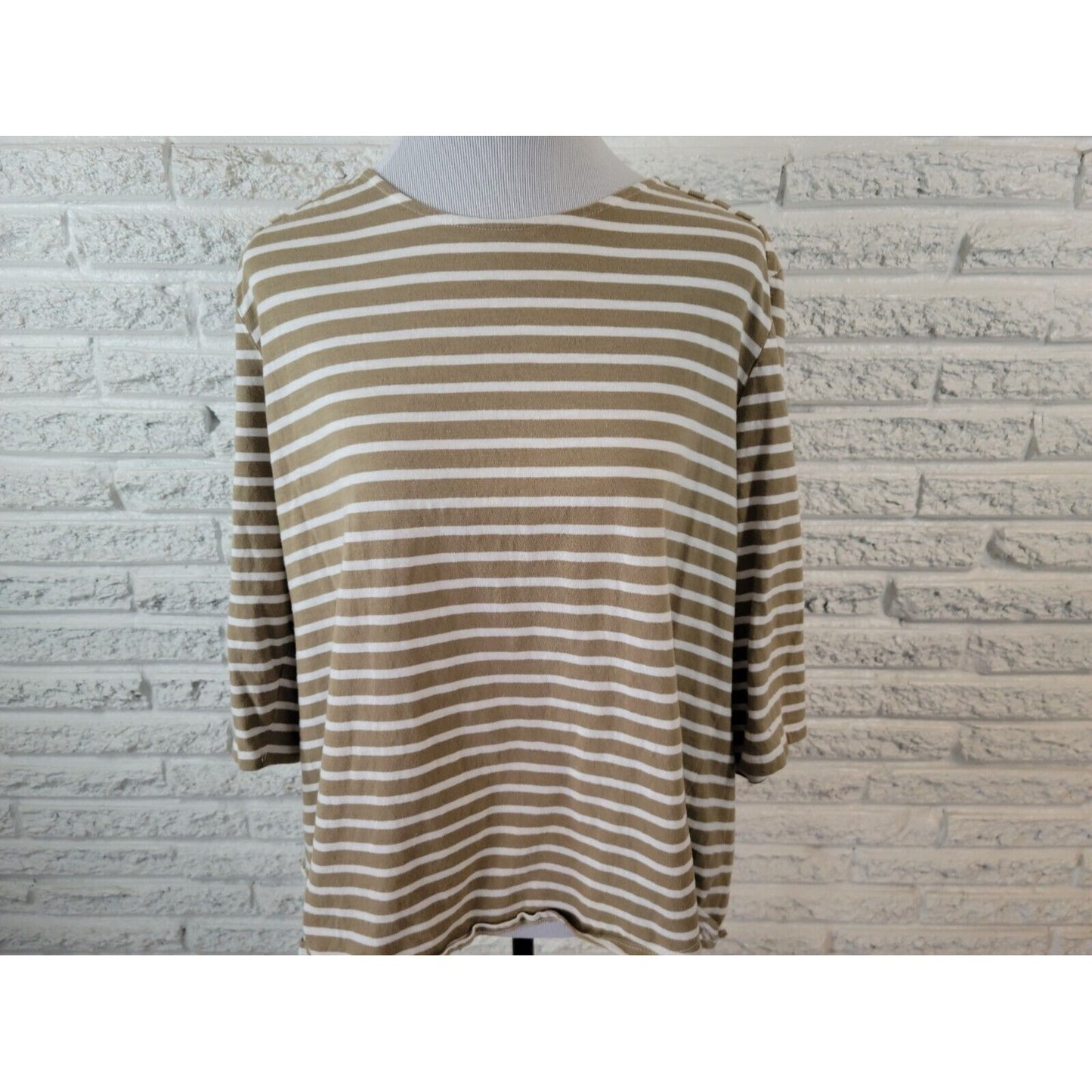 Coral Bay Womens Top 2X Plus Tee Pullover Cotton Lightweight Tan Stripe Casual